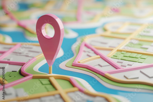 Pink location pin with a blue center stands prominently on a stylized map, marking a specific point of interest beside a representation of blue water, with streets and buildings surrounding the area.