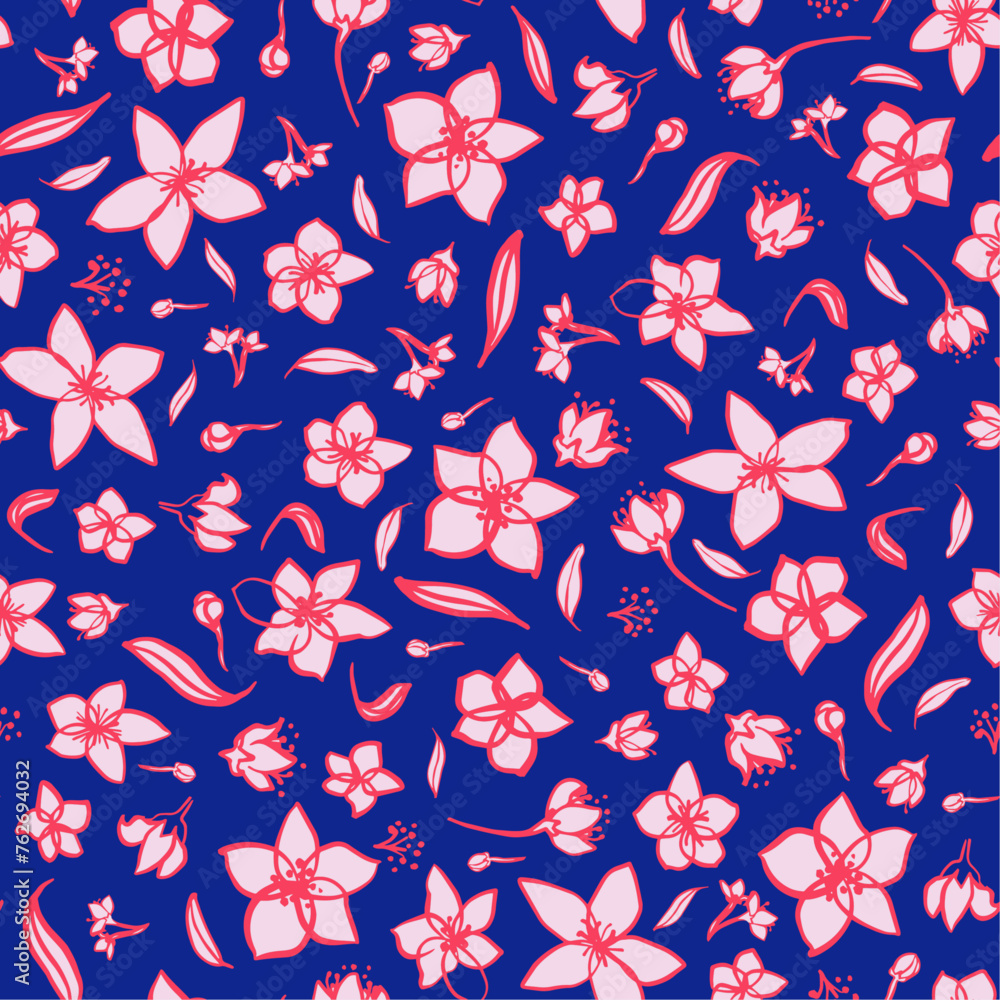 Hand drawn flowers with leaves seamless repeat pattern on blue background. Random placed, vector botanical aop, all over print. Hand drawn flowers with leaves seamless repeat pattern on blue background. Random placed, vector botanical aop, all over print.