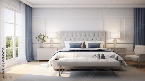 Master bedroom in crisp whites with smoky blue-gray upholstered accent wall.