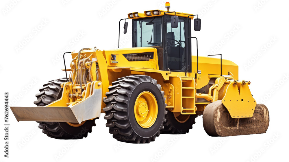 A large yellow bulldozer parked on a white background