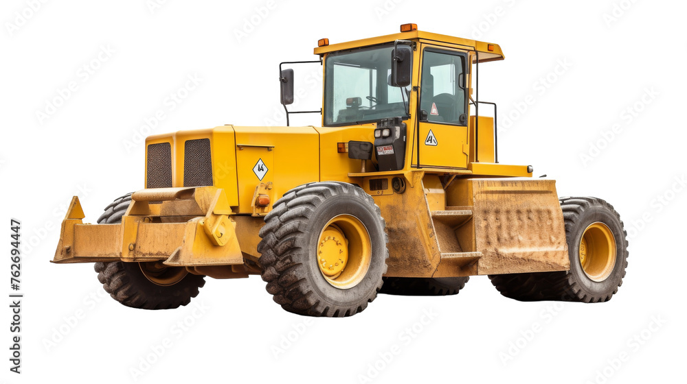A large yellow construction vehicle stands boldly on a white background