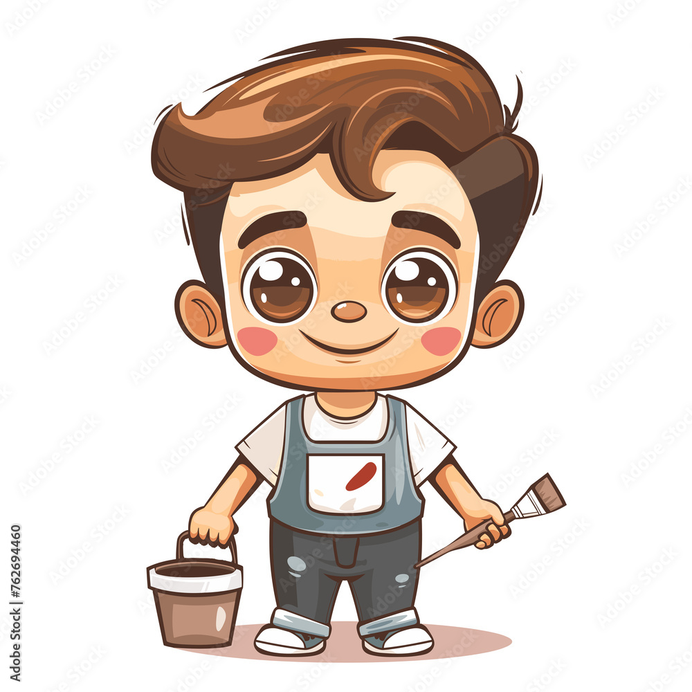 Adorable Painter Boy, Brown Hair, Cartoon Character with Brush and Bucket