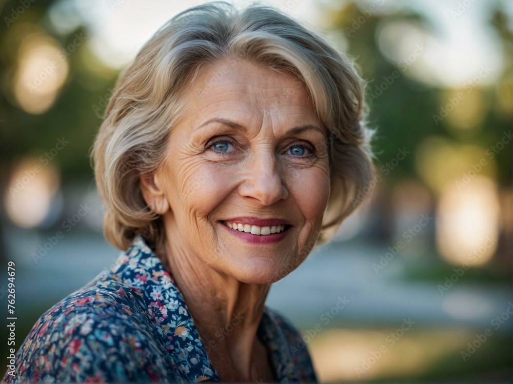 Warm and engaging close-up of a smiling elderly woman in a flowery blouse, exuding joy and vitality Warm and engaging close-up of a smiling elderly woman in a flowery blouse, exuding joy and vitality