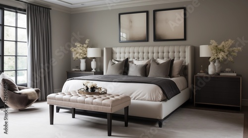 Master suite in soft greiges and black leather upholstered headboard wall.