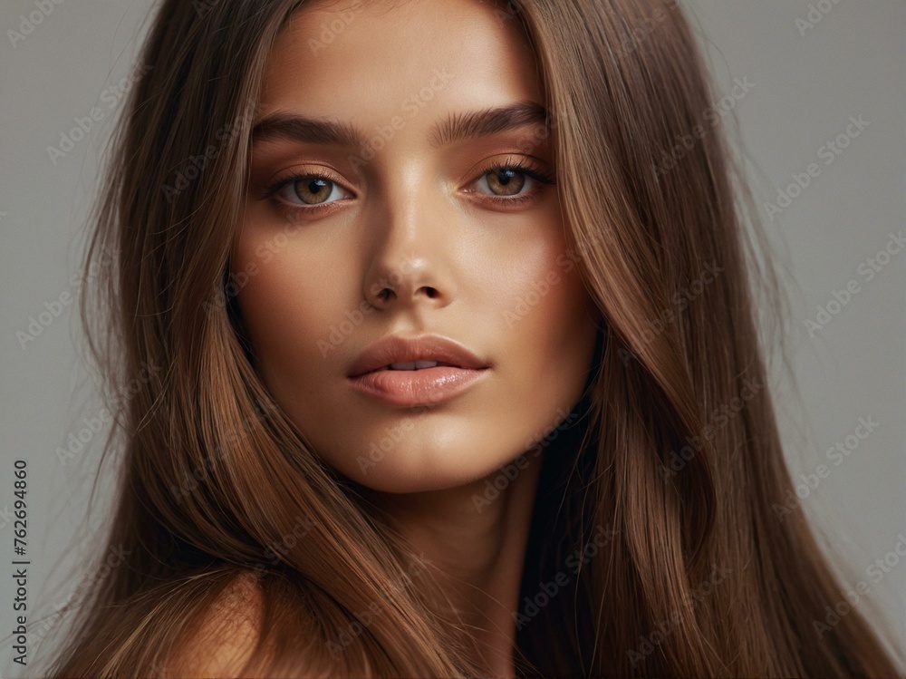 A high-quality image showing a woman with natural makeup, highlighting her perfect skin and features A high-quality image showing a woman with natural makeup, highlighting her perfect skin and features