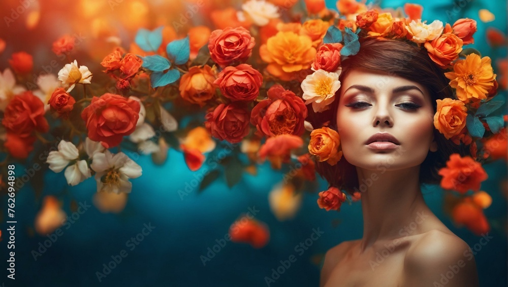 A creative image of a woman with a flower crown, symbolizing beauty, nature, and growth