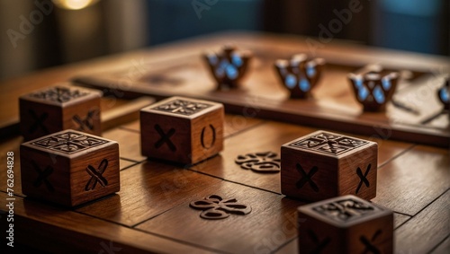 A close-up of a beautifully crafted wooden tic-tac-toe game set on a blurred background, highlighting the art of the game