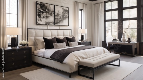 Master suite with eggshell white bedding and deep charcoal upholstered bed. © Aeman