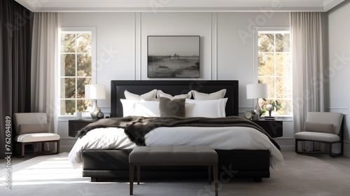 Master suite with eggshell white bedding and deep charcoal upholstered bed.