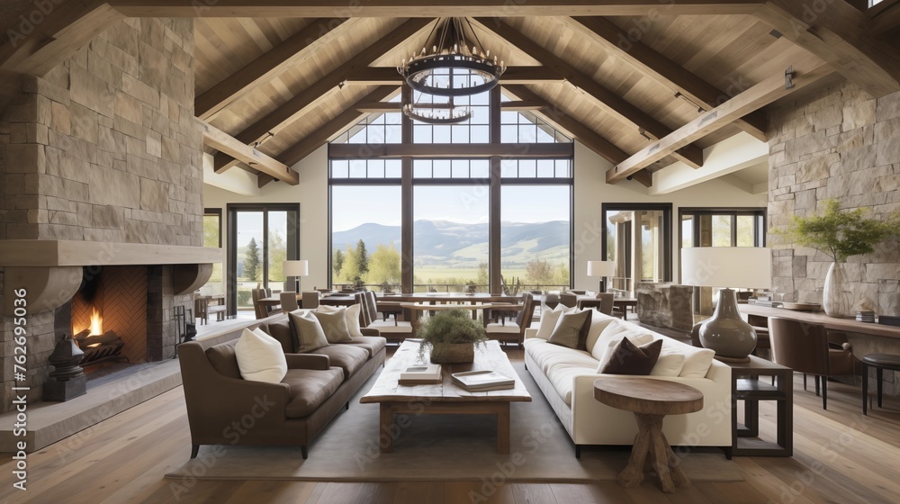 Minimal rustic great room with towering stone fireplace, warm wood beams, and streamlined furnishings.
