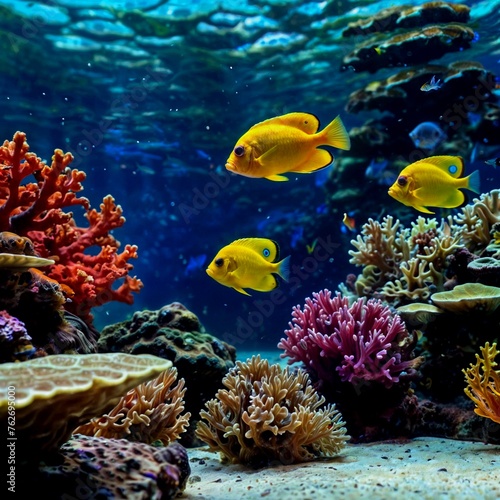 Beautiful, bright fish swimming among corals in clear water.