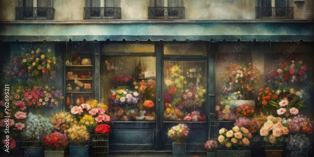 Flower shop in Paris, France. Bouquets of flowers in a shop window. Beautiful floral background for greeting card design, copy space. Watercolor illustration, art, vintage style
