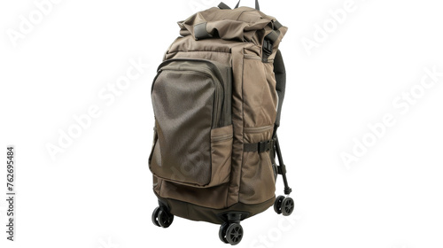 A brown backpack with wheels and a handle ready for travel