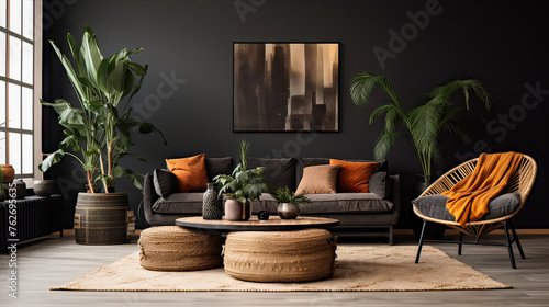 A living room with a black wall and a black couch. There are two potted plants, one on the left and one on the right. A coffee table is in the middle of the room