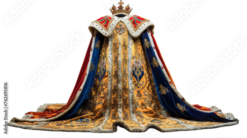 Elaborately decorated cloak with a crown placed on top of it, exuding regal elegance photo