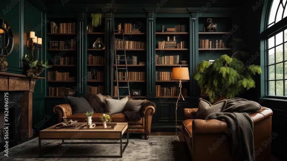 Moody home library with dark green walls, built-in floor-to-ceiling shelving, and cozy reading nook. Moody home library with dark green walls, built-in floor-to-ceiling shelving, and cozy reading nook.