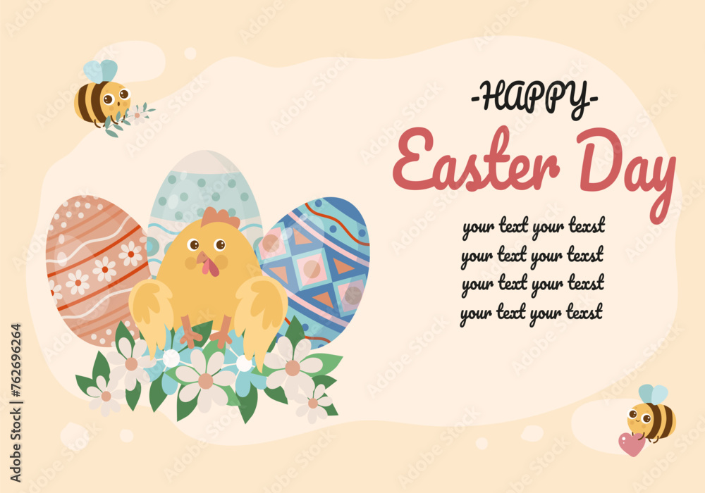 Happy easter banner or greeting card with eggs, chicken and bee.