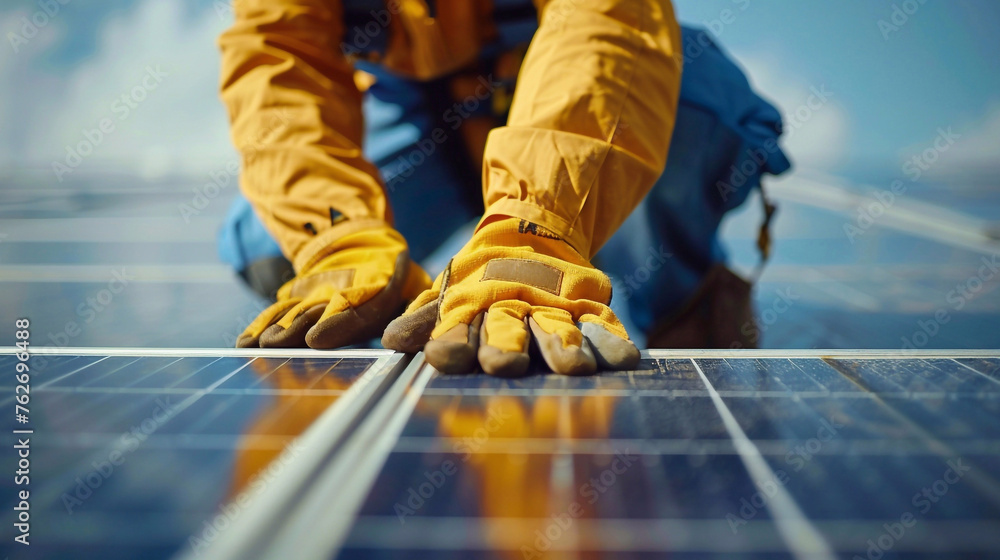 A technician in yellow gloves installing photovoltaic solar panel system on the rooftop. Alternative energy concept. A technician in yellow gloves installing photovoltaic solar panel system on the rooftop. Alternative energy concept.