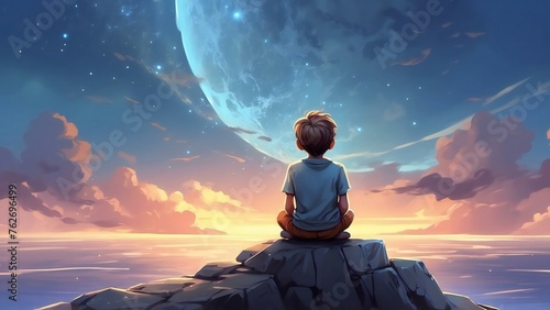 A alone boy sitting in the dream of fantasy
