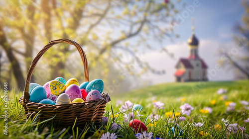 A traditional Easter setting with a basket full of colorful eggs and a small church in the background.