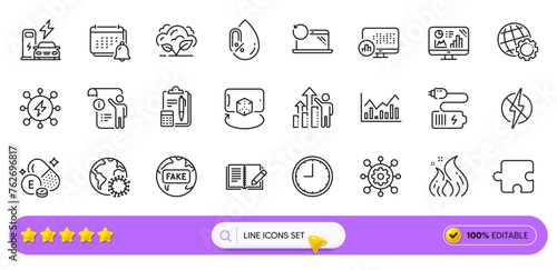 Notification, Feedback and Report statistics line icons for web app. Pack of Co2 gas, Puzzle, Manual doc pictogram icons. Framework, Recovery laptop, Time signs. Infochart, Power, Battery. Vector
