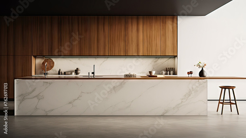 A kitchen with a marble countertop and wooden cabinets. A vase of flowers sits on the counter