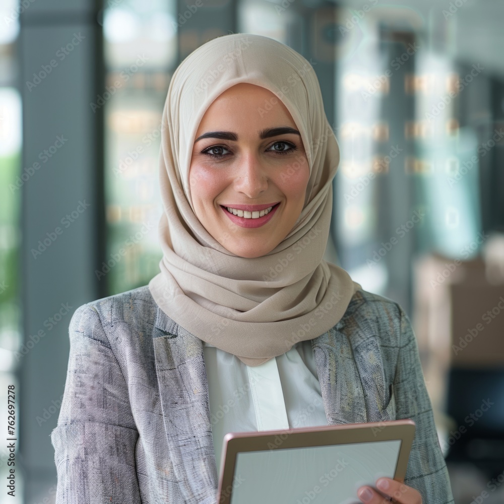 A smiling businesswoman of Muslim nationality, 20-30 years old, an active business woman against the background of her office A smiling businesswoman of Muslim nationality, 20-30 years old, an active business woman against the background of her office