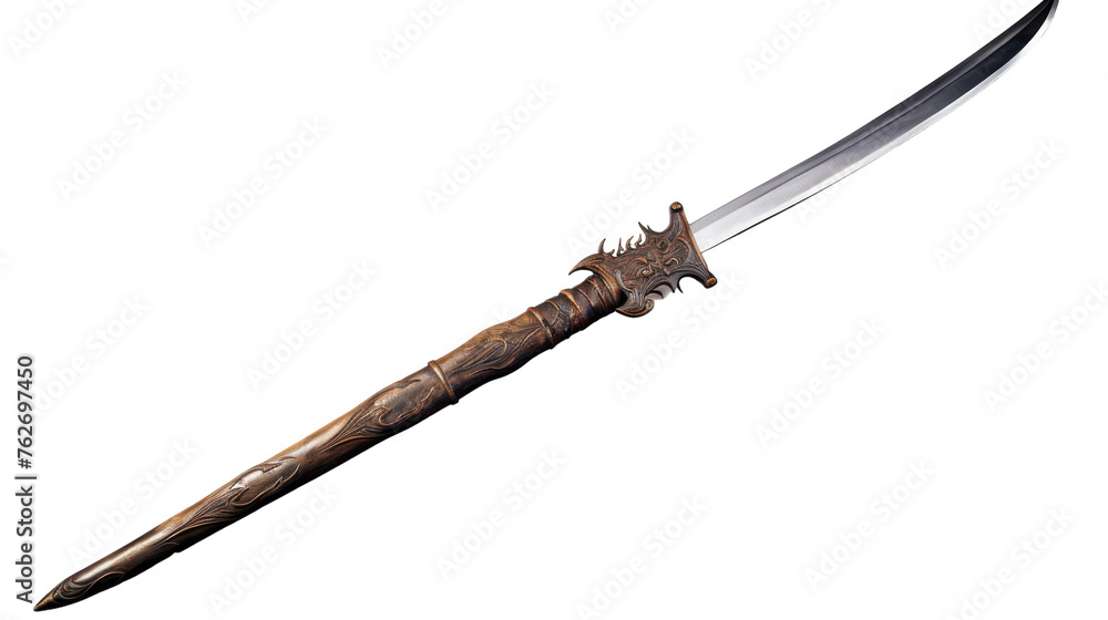 A large knife with a wooden handle resting on a stark white background