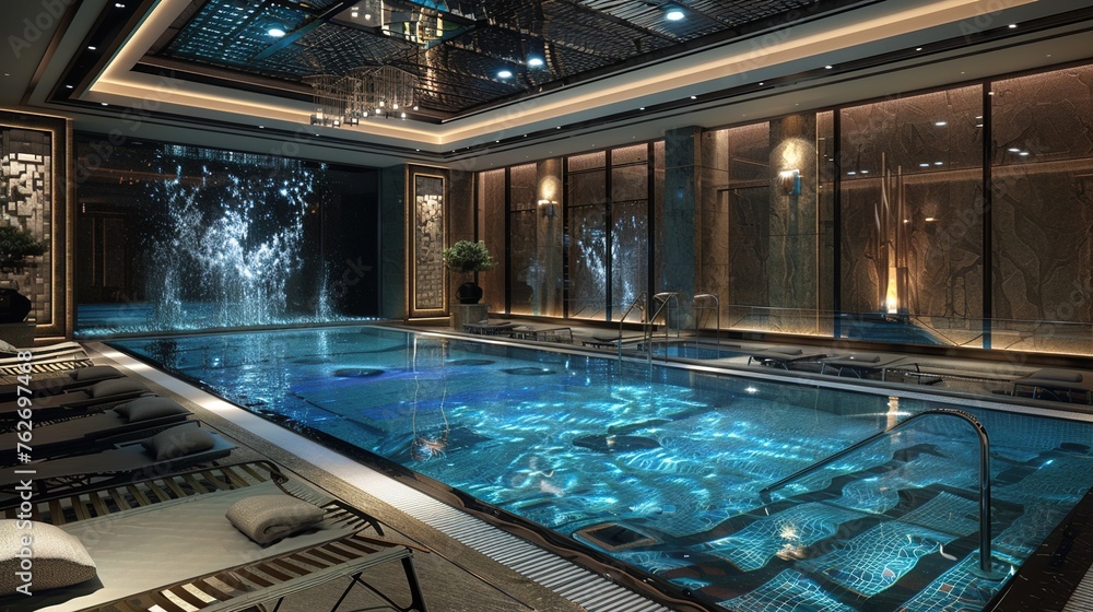 An elegant indoor pool adorned with mosaic tiles and cascading water features, situated within a luxury apartment complex, providing residents with a tranquil retreat from the bustling city life. - obrazy, fototapety, plakaty 