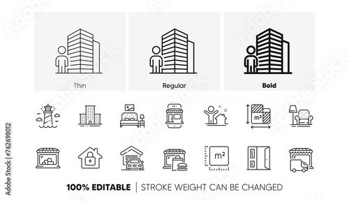 Delivery truck, Food market and Armchair line icons. Pack of Lock, Garage, Square meter icon. Lighthouse, Marketplace, Open door pictogram. New house, Agent, Market. Furniture. Line icons. Vector