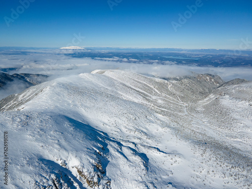 Aerial Winter view of Rila mountain near Musala peak, Bulgaria