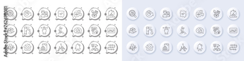 Clock bell, Tap water and Maggots line icons. White pin 3d buttons, chat bubbles icons. Pack of Hold box, Vacuum cleaner, Brush icon. Mobile inventory, Voicemail, Leadership pictogram. Vector