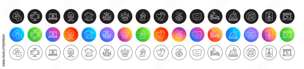 No puzzle, Puzzle options and Sunset line icons. Round icon gradient buttons. Pack of Locks, Ice cream milkshake, Mattress icon. Gift, Sleep, Home grill pictogram. Vector