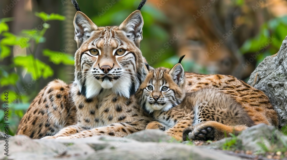 Male lynx and cub portrait with empty text space, object on the right side for balanced composition Male lynx and cub portrait with empty text space, object on the right side for balanced composition