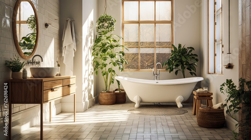 A bathroom with a large bathtub and a sink. The bathroom is decorated with plants and has a lot of natural light coming in through the window
