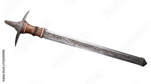 A large knife with a wooden handle resting on a white background