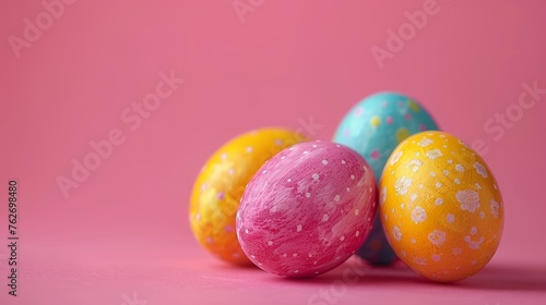  A collection of vividly hued eggs arranged atop one another on a pastel background with speckled decorations