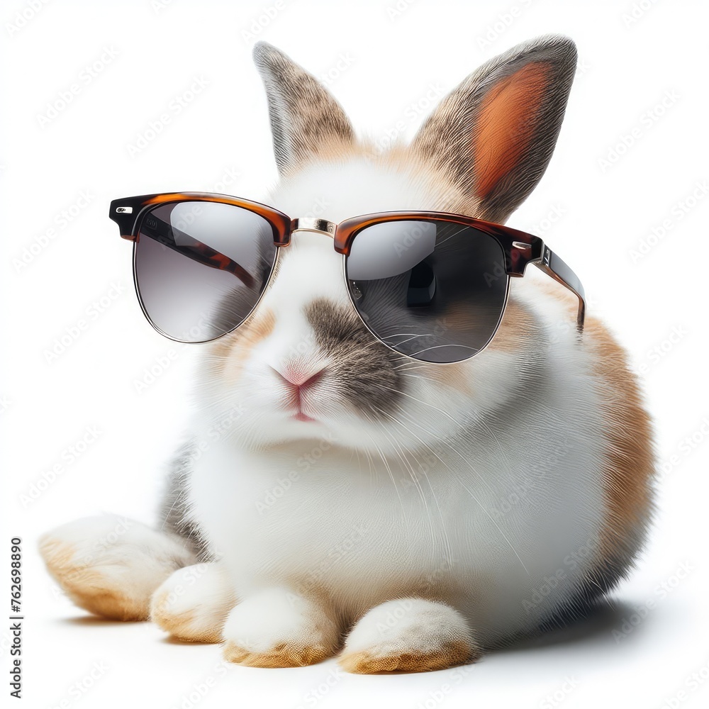 A cute rabbit wearing sunglasses isolated on a white background 
