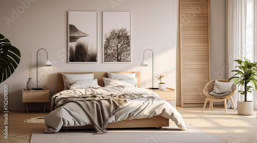 A bedroom with a bed, chair, and potted plant. The bed is covered with a white comforter and a white blanket. The room has a minimalist design with a few decorative elements, such as the potted plant