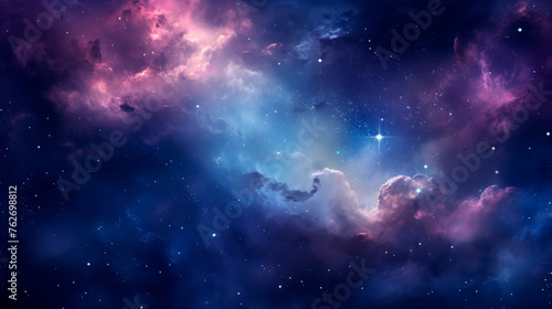 A vibrant space featuring a multitude of stars and swirling clouds against a dark backdrop. The clouds appear to be interacting with the stars, creating a dynamic and visually. Banner. Copy space