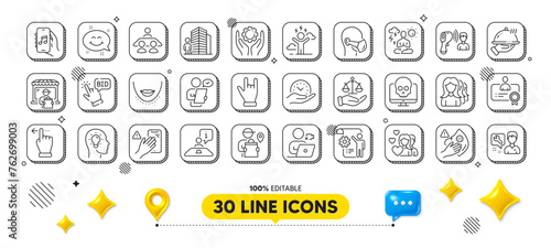 Repairman, Video conference and Medical mask line icons pack. 3d design elements. Certificate, Music app, Bid offer web icon. Delivery market, Idea head, Horns hand pictogram. Vector