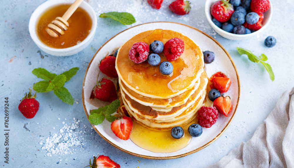Food Photography - Pancakes with Maple Syrup and Fresh Berries Food Photography - Pancakes with Maple Syrup and Fresh Berries