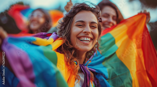 LGBTQ concept, Group of young activist for lgbtq rights with rainbow flag and banner, gay Pride Parade, diverse people of gay and lesbian community