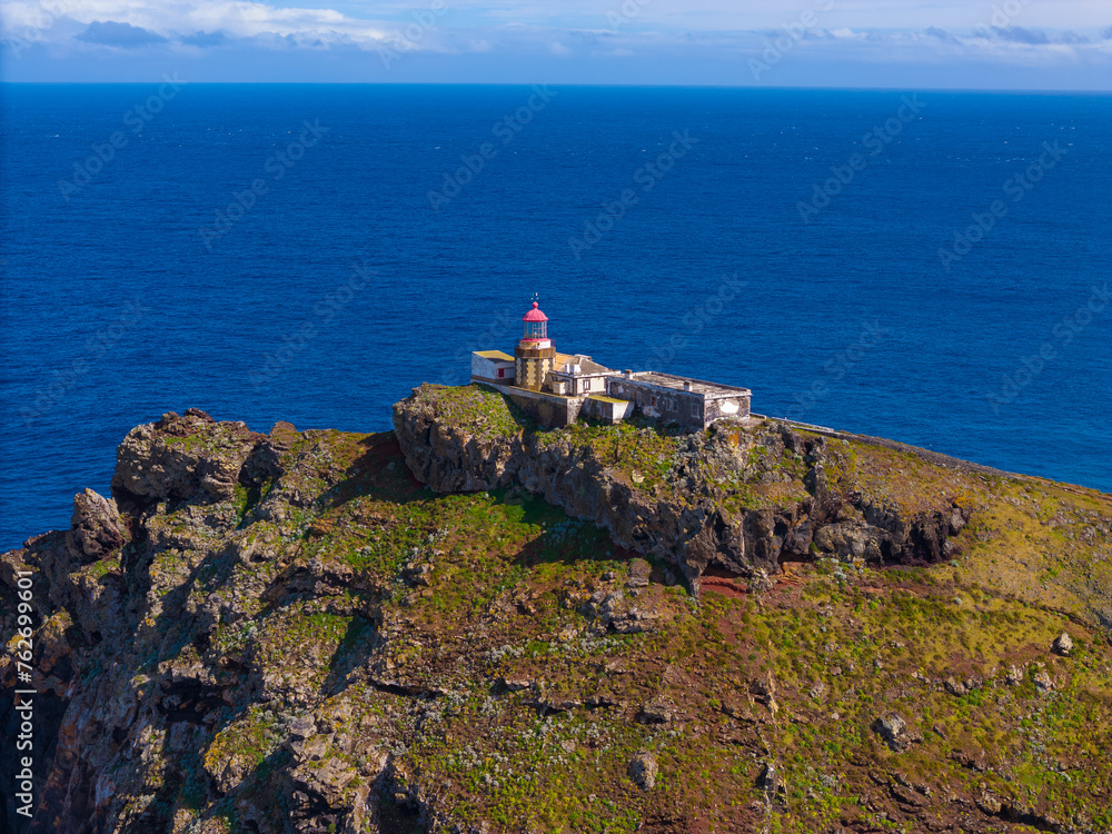Lighthouse at Sao Lourenco peninsula on Madeira from an aerial view.
Drone photos of Farol da Ponta de São Lourenço with ocean waves and clouds.