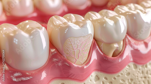 A close-up view of a detailed tooth model placed on a table, showing different parts of the tooth structure. Toothache. Cavities. Stomatitis. Dental clinic. Banner. Copy space