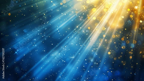 Asymmetric blue light burst, abstract beautiful rays of lights on dark blue background with the color of blue and yellow, golden yellow sparkling backdrop with copy space.