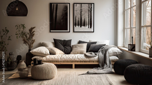 A living room with a white couch and two black and white pictures on the wall. The couch is covered in pillows and a rug is on the floor. The room has a cozy and inviting atmosphere
