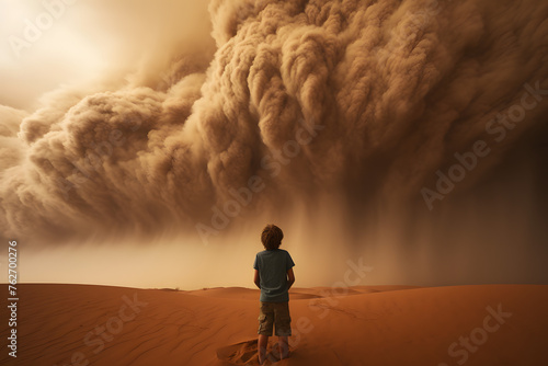 Kid standing in front of a massive sandstorm, kid standing next to sandstorm looking up