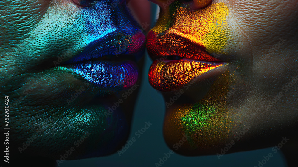  lifestyle fashion lgbtq concept. Young gay men with makeup in bright colorful paint lips with lipstick  - obrazy, fototapety, plakaty 