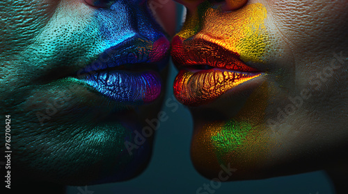  lifestyle fashion lgbtq concept. Young gay men with makeup in bright colorful paint lips with lipstick  photo